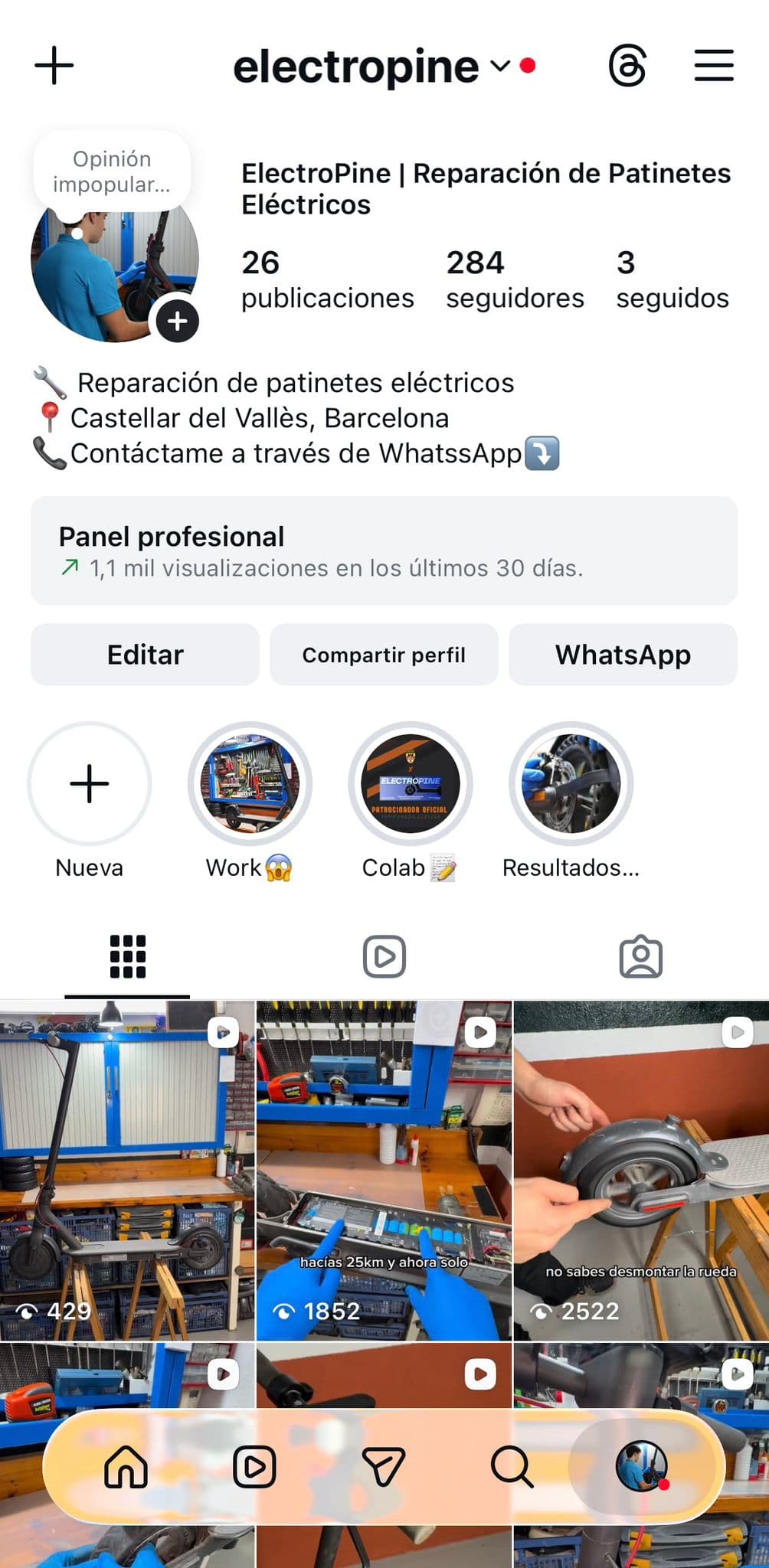 Perfil de Instagram de ElectroPine con publicaciones y reels